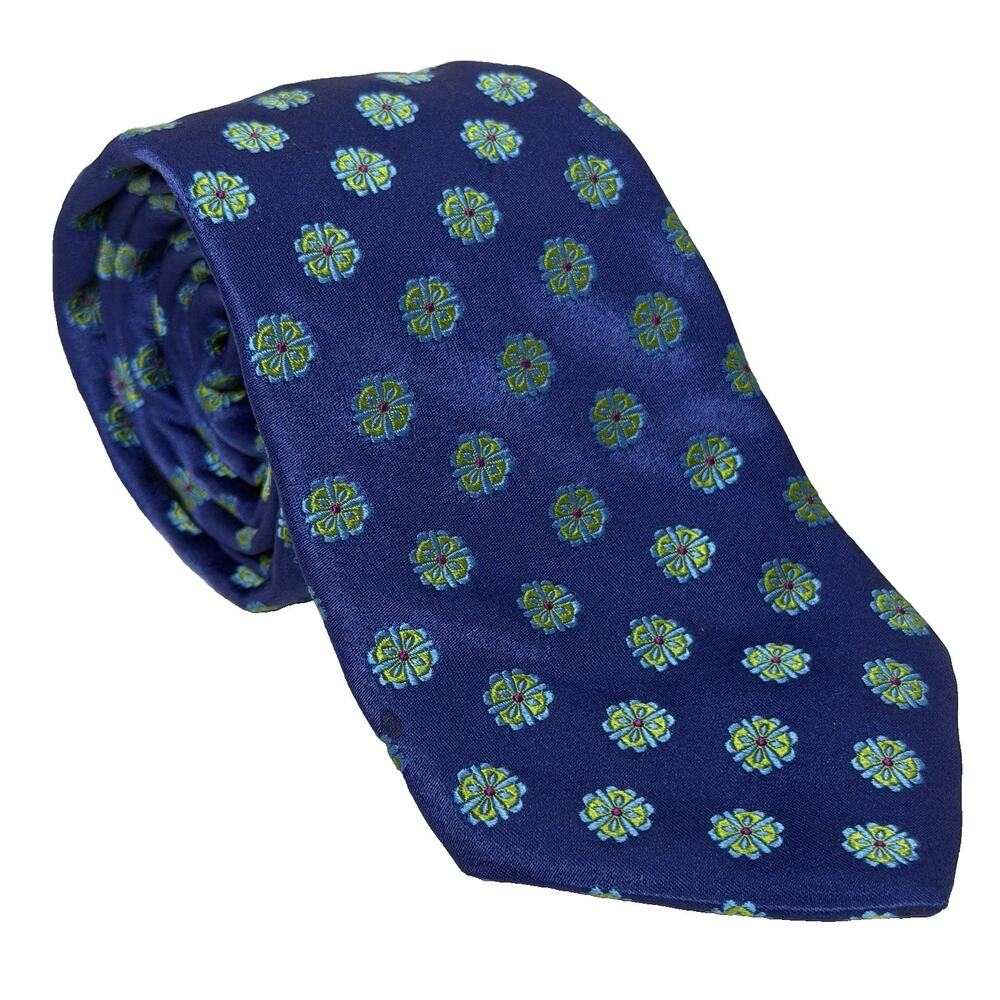 Ted Baker Necktie 58"x 3-3/8" Cobalt Blue with Green Flowers Silk Floral Tie EUC